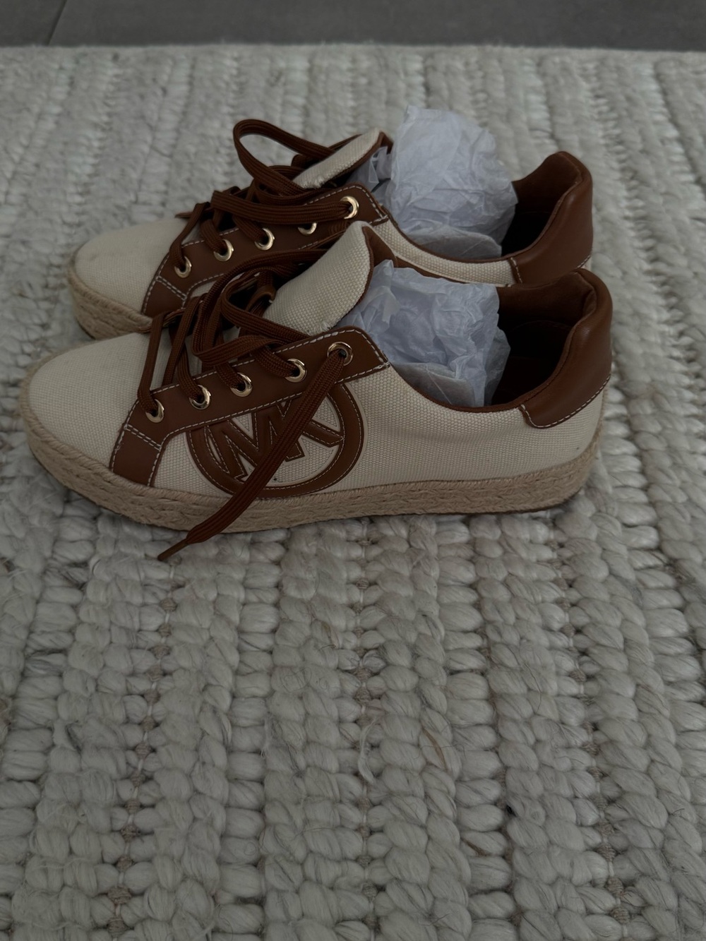 Michael Kors Cream Canvas Sneakers with Brown Leather Trim